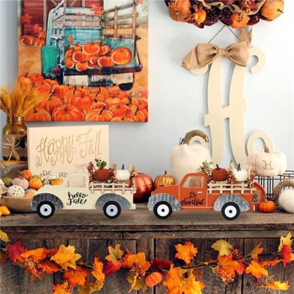Fall Decorations for Home Large Size 2‎ Pack Wood Truck with Pumpkin Fall Decor - Picture 6 of 6